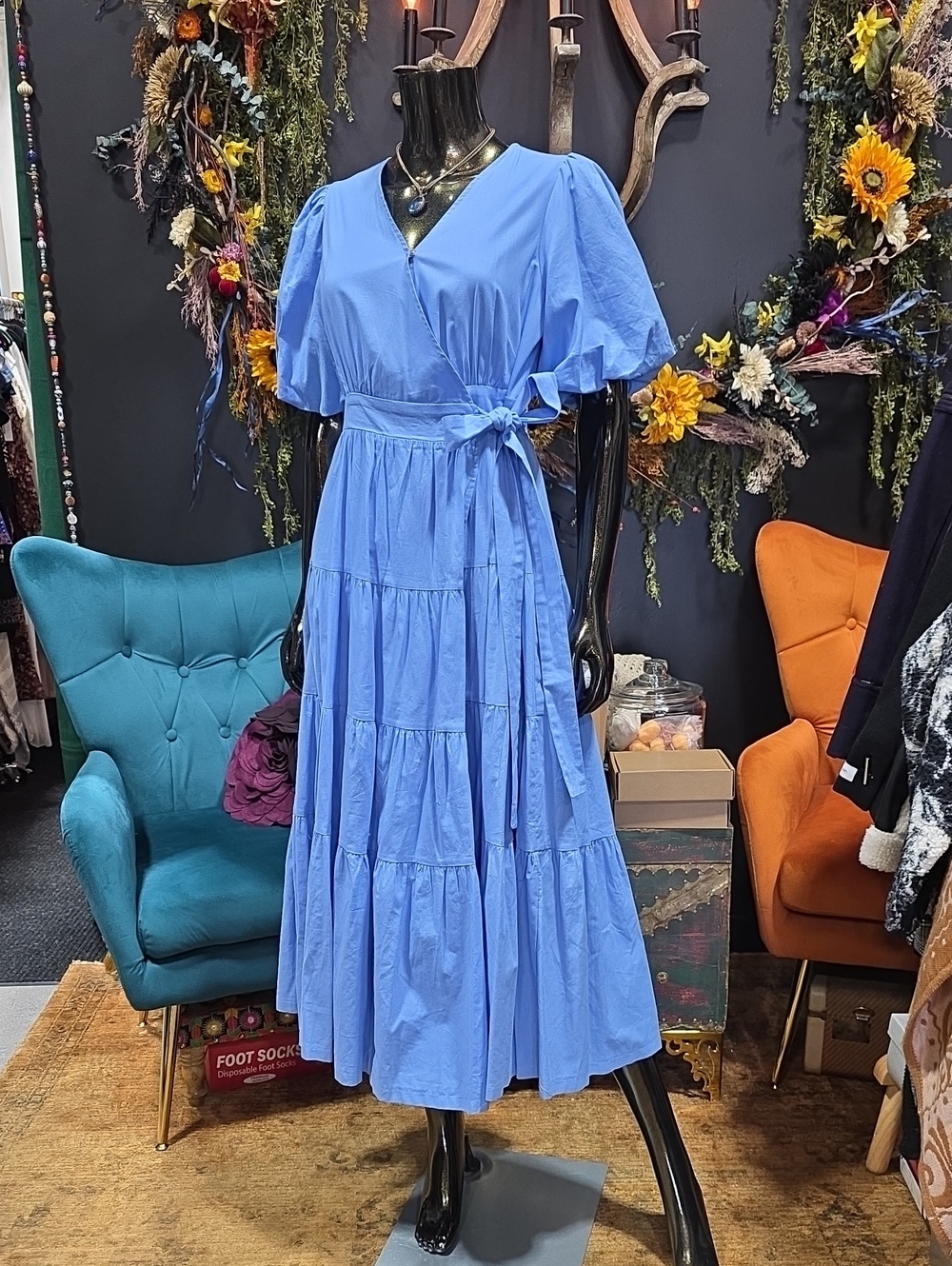 Women's Blue V-Neck Tiered Wrap Maxi Dress with Tie Waist